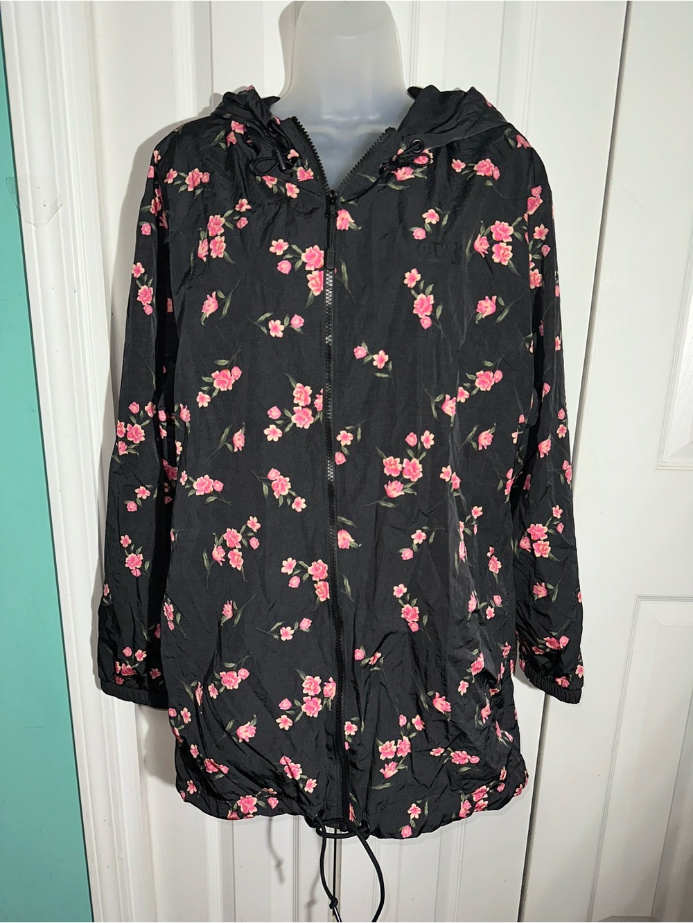 Victoria's Secret Pink Long Anorak Windbreaker Jacket Size M-L Floral Black AA25